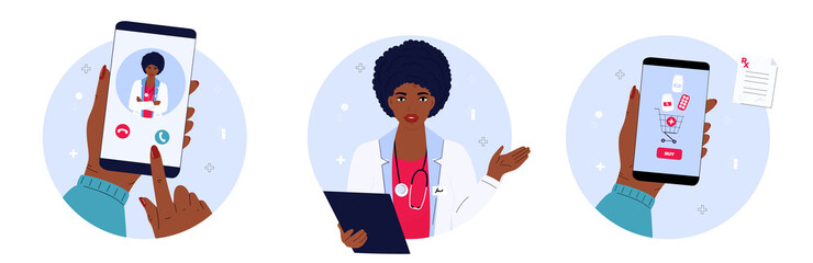 The patient makes a video call to the doctor. African American medical worker with a stethoscope. Online pharmacy. Female hand holds smartphone to buy pills. Mobile service for purchasing medicines