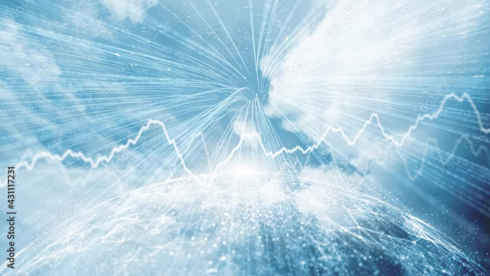 Poster business stock lines on bright blue skies with binary numbers, optic fibers and sphere animation bac