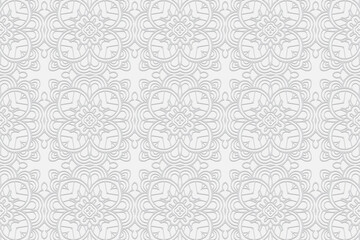 3d volumetric convex geometric white background. Ethnic embossed Islamic, Moroccan, Arabic pattern. Doodling style. Floral ornament for wallpaper, stained glass, presentations, textiles.