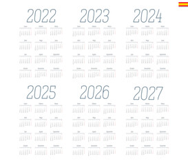 Fototapeta premium Spanish calendar 2022, 2023, 2024, 2025, 2026, 2027 on white background, week starts on Monday