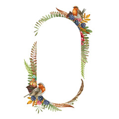 Floral natural oval frame. Robin bird on fall decoration. Hand drawn rustic elegant frame. Festive thanksgiving decor. Watercolor countryside boho style decor of fern, forest herbs, leaves, feathers