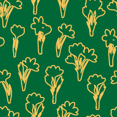 Spring flower crocus, saffron seamless pattern. Background for wrapping paper, textile, fabric, wallpaper, scrapbook, congratulation Easter, Mothers and Womens Day. Childish doodle stroking style