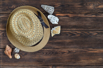straw hat, sea shells on a wooden background with copy space for text, summer travel concept