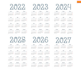 Spanish calendar 2022, 2023, 2024, 2025, 2026, 2027 on white background, week starts on Monday