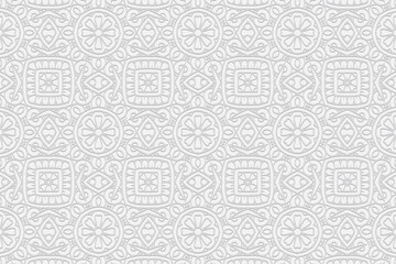 3d volumetric convex geometric white background. Eastern Islamic, Maracan style. Ethnic embossed ornament. Floral wallpaper for presentations, websites, textiles, coloring.