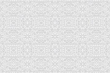 3d volumetric convex geometric white background. Eastern Islamic, Maracan style. Ethnic embossed ornament. Floral wallpaper for presentations, websites, textiles, coloring.