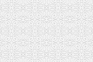 3d volumetric convex geometric white background. Eastern Islamic, Moroccan style. Ornament with ethnic relief pattern. Stylish wallpapers for presentations, websites, textiles, coloring.