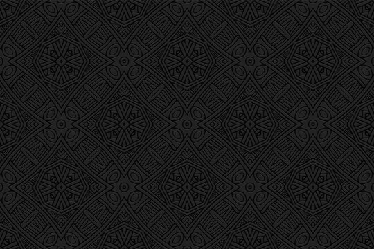 3d volumetric convex geometric black background. East style. Ornament with ethnic relief pattern. Abstract wallpapers for presentations, websites, textiles, coloring. © swetazwet