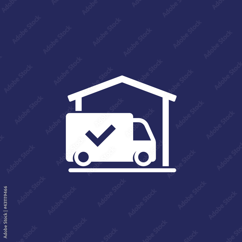 Poster warehouse and van, delivery completed vector icon