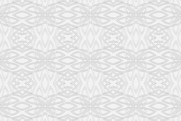 3d volumetric convex geometric white background. Eastern Islamic, Moroccan style. Ornament with ethnic relief pattern. Elegant curly wallpapers for presentations, textiles, coloring.