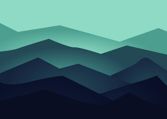 Vector drawing of mountains at dawn, panoramic image. Vector illustration