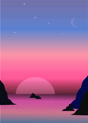 Dark rocks silhouettes on colorful tropical ocean sunset background, vector illustration. 