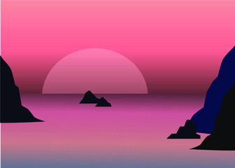 Dark rocks silhouettes on colorful tropical ocean sunset background, vector illustration. 
