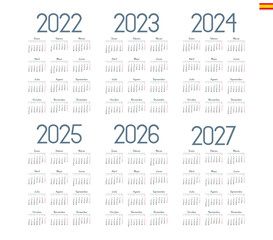 Spanish calendar 2022, 2023, 2024, 2025, 2026, 2027 on white background, week starts on Monday