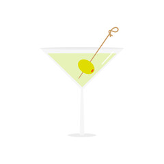 Martini in cocktail glass with olive as a garnish vector cartoon style illustration, icon.