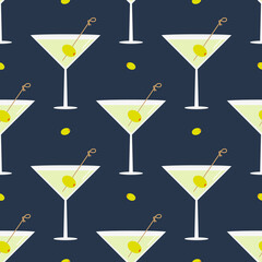 Martini cocktail in glasses with olives vector cartoon style seamless pattern background.