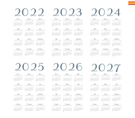 Spanish calendar 2022, 2023, 2024, 2025, 2026, 2027 on white background, week starts on Monday