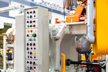 ladle for scoop molten metal such as aluminum magnesium and mechanical arm with other component of high pressure die cast machine for automobile part etc of industrial manufacturing process