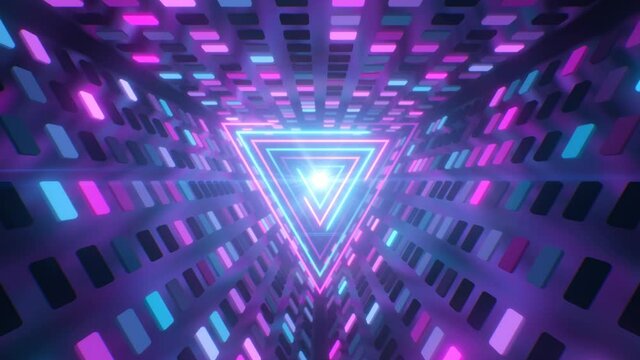 Retro Futuristic Neon Tunnel of Flashing Lights and Glowing Triangle - 4K Seamless VJ Loop Motion Background Animation
