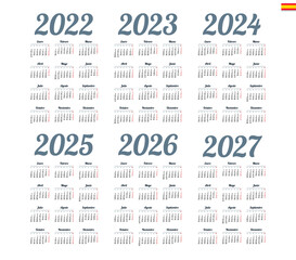 Spanish calendar 2022, 2023, 2024, 2025, 2026, 2027 on white background, week starts on Monday