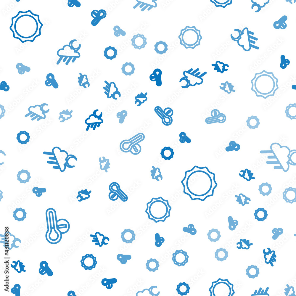 Poster set line meteorology thermometer, sun and cloud with rain and moon on seamless pattern. vector