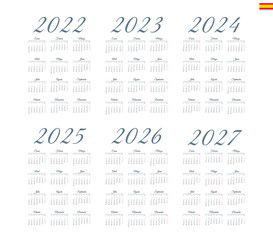 Spanish calendar 2022, 2023, 2024, 2025, 2026, 2027 on white background, week starts on Monday