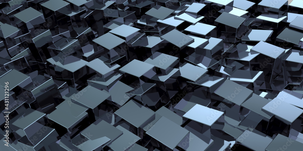 Poster technology theme background. a dark texture made from randomly arranged shiny metallic cubes. for wa