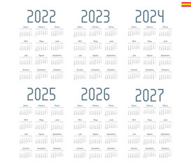 Spanish calendar 2022, 2023, 2024, 2025, 2026, 2027 on white background, week starts on Monday