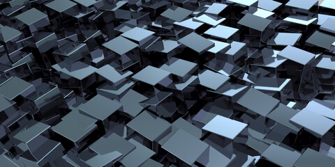 Technology theme background. A dark texture made from randomly arranged shiny metallic cubes. For wallpaper smartphone decoration.