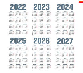 Spanish calendar 2022, 2023, 2024, 2025, 2026, 2027 on white background, week starts on Monday