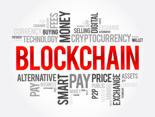 Blockchain cryptocurrency coin word cloud collage, business concept background