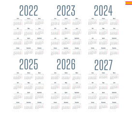 Spanish calendar 2022, 2023, 2024, 2025, 2026, 2027 on white background, week starts on Monday