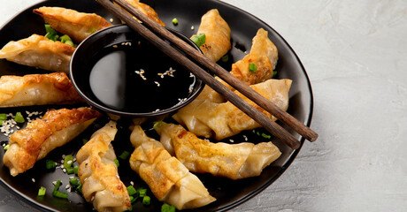 Fried gyoza dumplings with soy sauce and onion on light gray background.