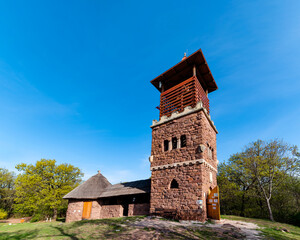 Fototapeta premium Csere hill lookout tower in Hungary next to lake balaton. Scenic viewpoint open on Alsoors, Balatonalamadi and cities The buildings was renewed in 2001 built in 1935