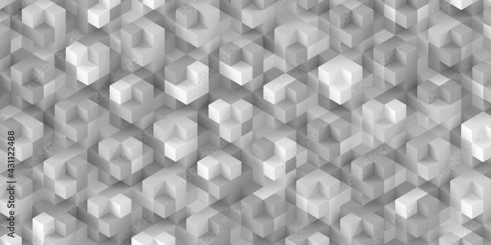 Poster horizontal composition of white cubes of different sizes as background and texture.. 3d rendering