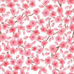 Watercolor seamless pattern with cherry blossoms on a white background, hand drawn, sakura, spring decor. For textiles, packaging, wedding design, invitations, greetings.