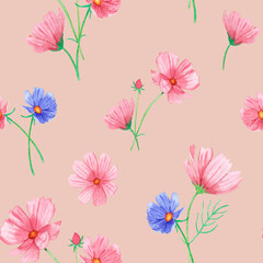 Watercolor seamless pattern with summer pink flowers on a beige background, hand-drawn. For textile, greeting card, wrapping paper, wedding invitations.