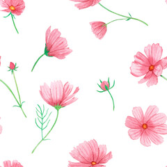 Watercolor seamless pattern with summer pink flowers on a white background, hand-drawn. For textile, greeting card, wrapping paper, wedding invitations.