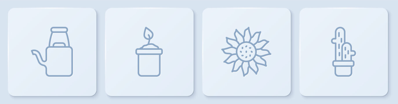 Set Line Watering Can, Flower, Sprout Bottle And Cactus Peyote Pot. White Square Button. Vector