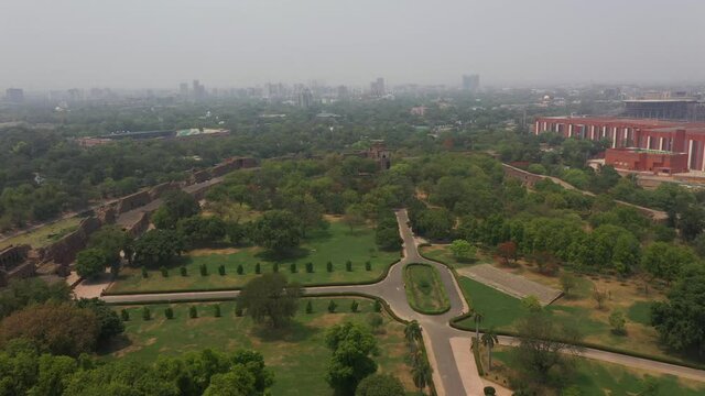 An aerial shot of the Delhi Old fort or Purana Qila during the COVID-19 pandemic in New Delhi, India
