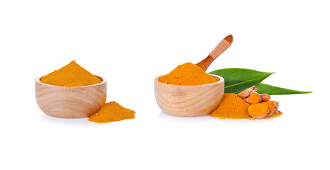 turmeric rhizome and powder in blow on white background