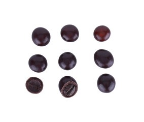 chocolate covered coffee beans on white background