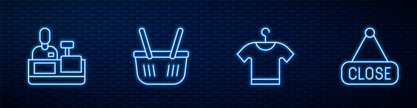 Set Line T-shirt, Cashier At Cash Register, Shopping Basket And Hanging Sign With Closed. Glowing Neon Icon On Brick Wall. Vector