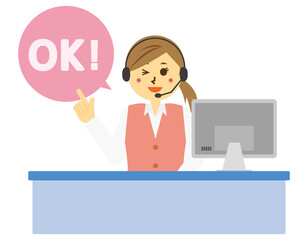 ヘッドセットを付けたテレフォンオペレーターのベクターイラスト　女性