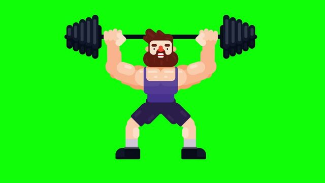 Man is working out and lifting heavy barbell. Healthy lifestyle, sports and activity. Flat design animation video clip with green screen background. 