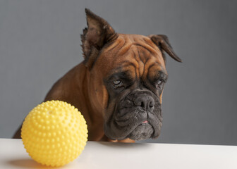 german boxer dog sits next to a toy ball with a sad look on his face