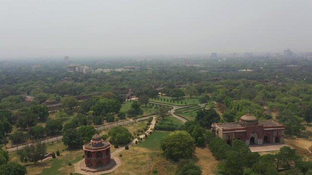 An aerial shot of the Delhi Old fort or Purana Qila during the COVID-19 pandemic in New Delhi, India
