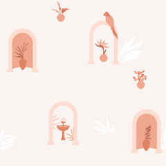 Arch with parrot, fountain, palm leaves in pots. Tropical seamless pattern in trendy minimal style. Abstract desert landscape with columns, cactus, strelitzia flower.
