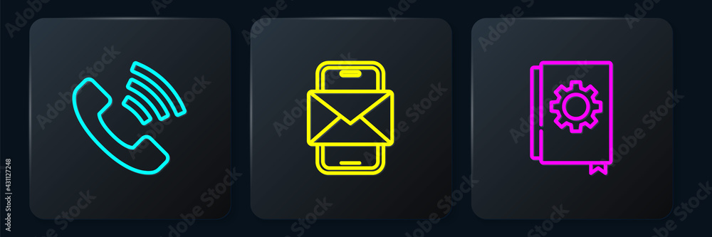 Aufkleber set line telephone 24 hours support, user manual and mobile and envelope. black square button. vecto