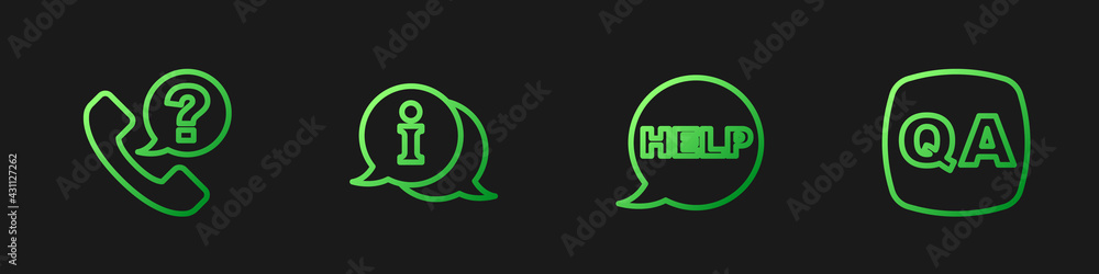Fototapete Set line Speech bubble with text Help, Telephone 24 hours support, Information and Question and Answer. Gradient color icons. Vector